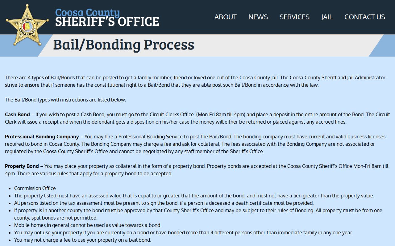 Coosa County arrest record cash and property bond rules