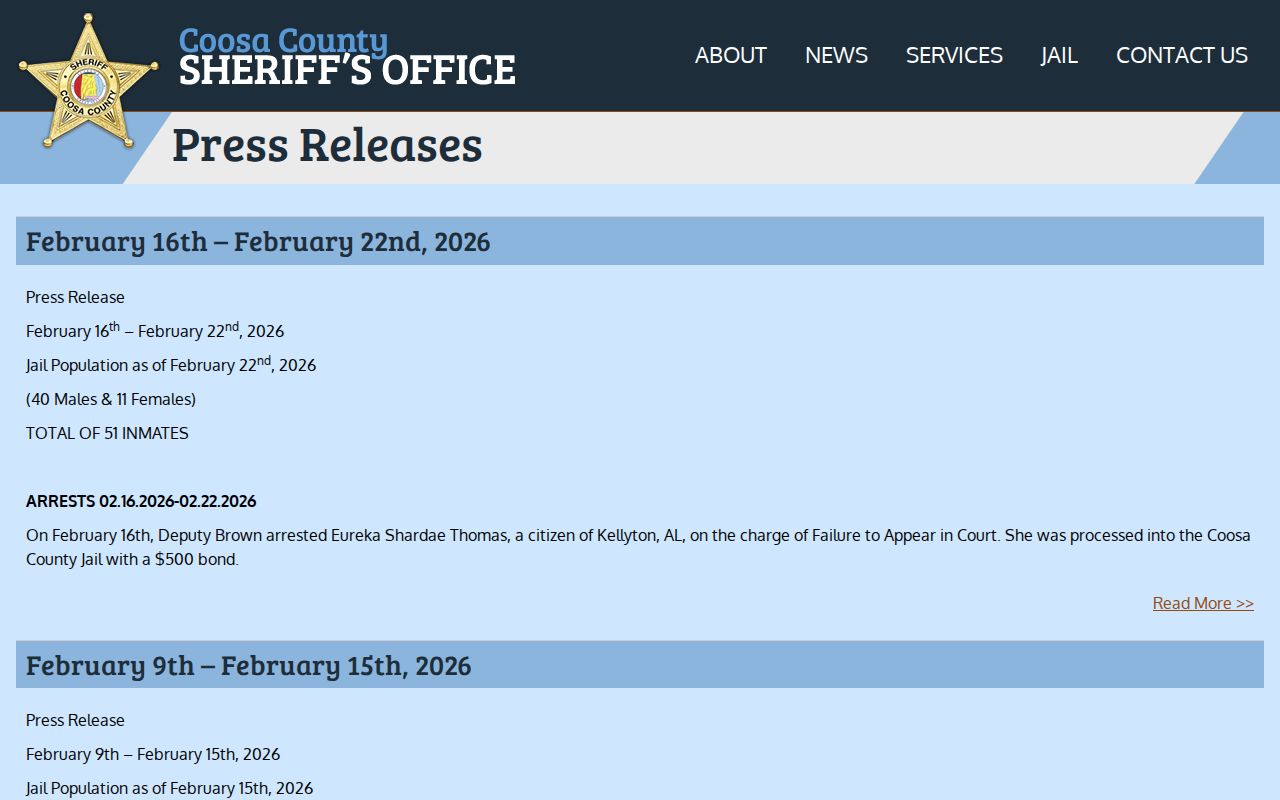 Coosa County arrest records official weekly booking releases